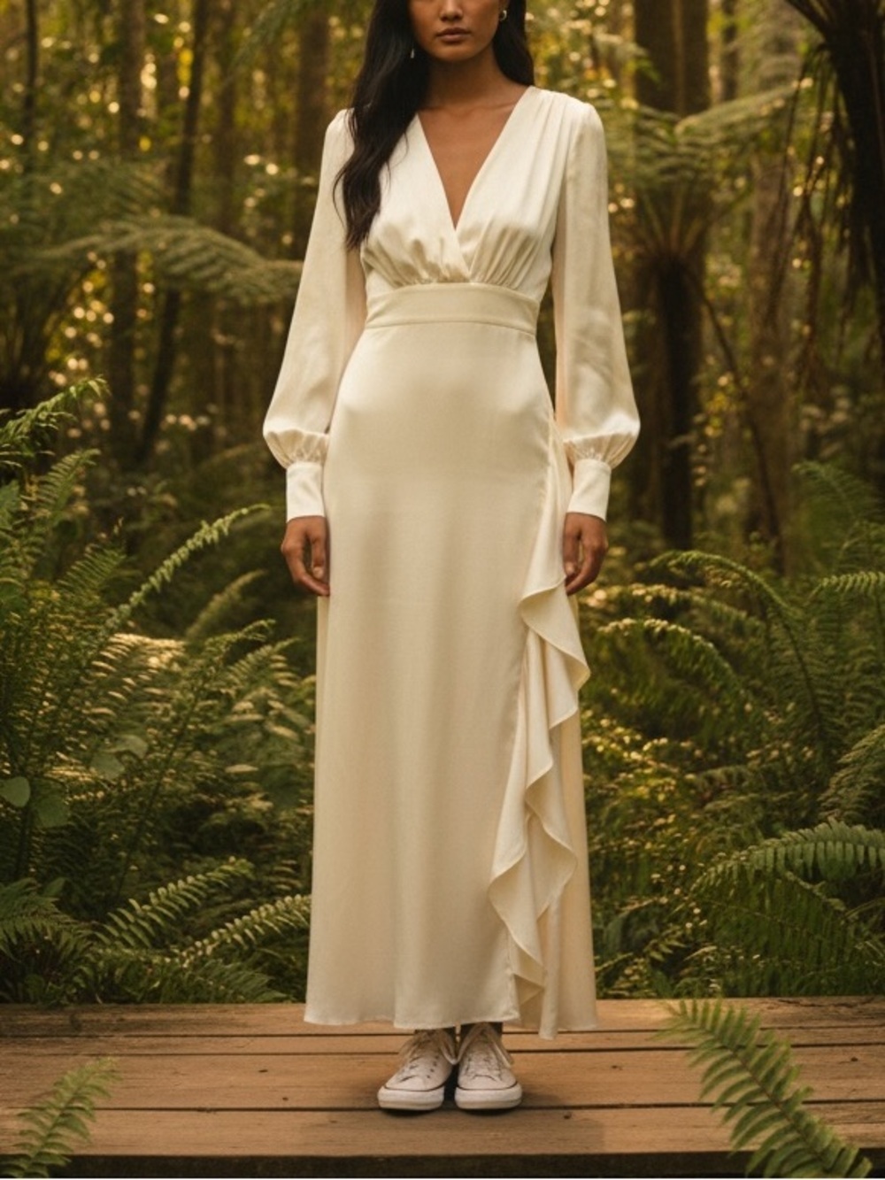 NWT MAJORELLE x Revolve White Pearl Glossy Satin High Slit Ruffle Gown Dress XS